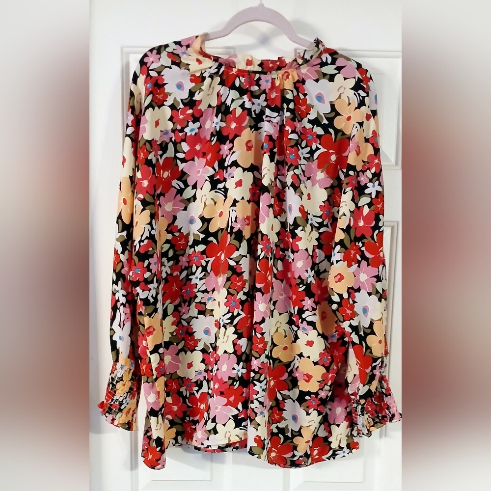Floral Print Frilled Neck Shirred Cuffs Blouse Size XL